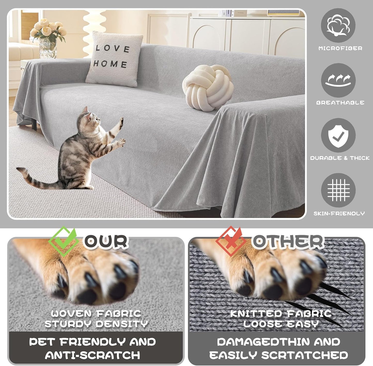 MYSKY HOME Non-Slip Couch Cover Couch Covers for 2 Cushion Couch Sofa Cover Sofa Slipcovers for Dogs, Sofa Covers Washable Love Seat Couch Covers Thick Furniture Protector, 71" x 102", Light Grey