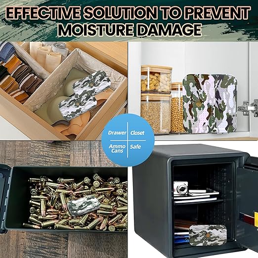 40 Gram Gun Safe Dehumidifier Camouflage, Rechargeable Desiccant Canister Dehumidifier Bags, Reusable Silica Gel Packets Moisture Absorbers for Car, Bathroom, Basement [2 Pack]