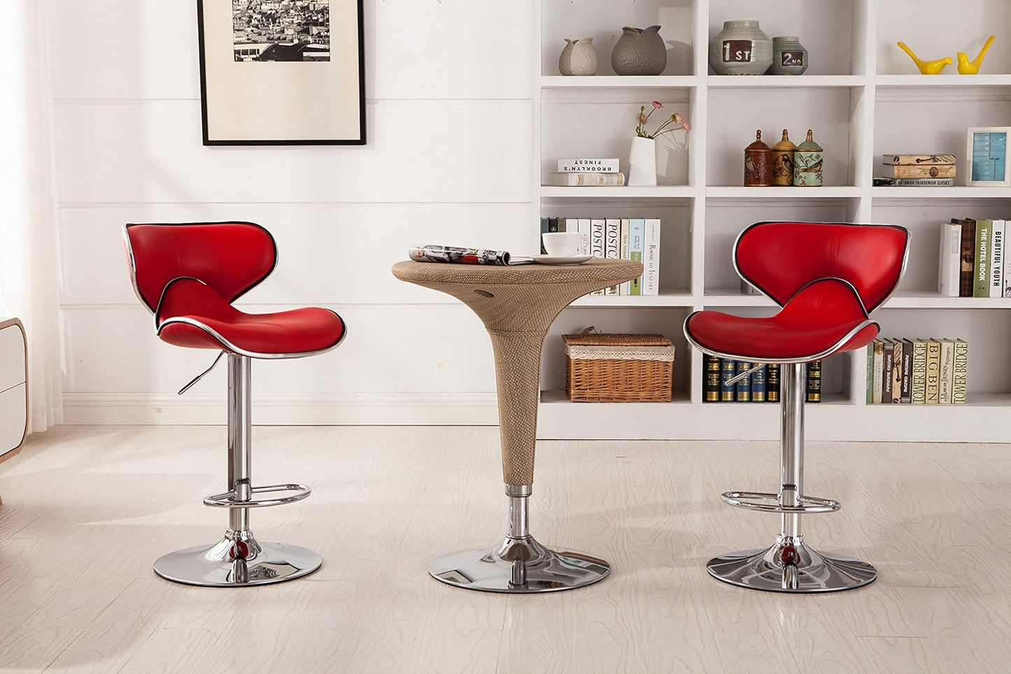 Roundhill Furniture Masaccio Cushioned Leatherette Upholstery Airlift Adjustable Swivel Barstool with Chrome Base, Set of 2, Red