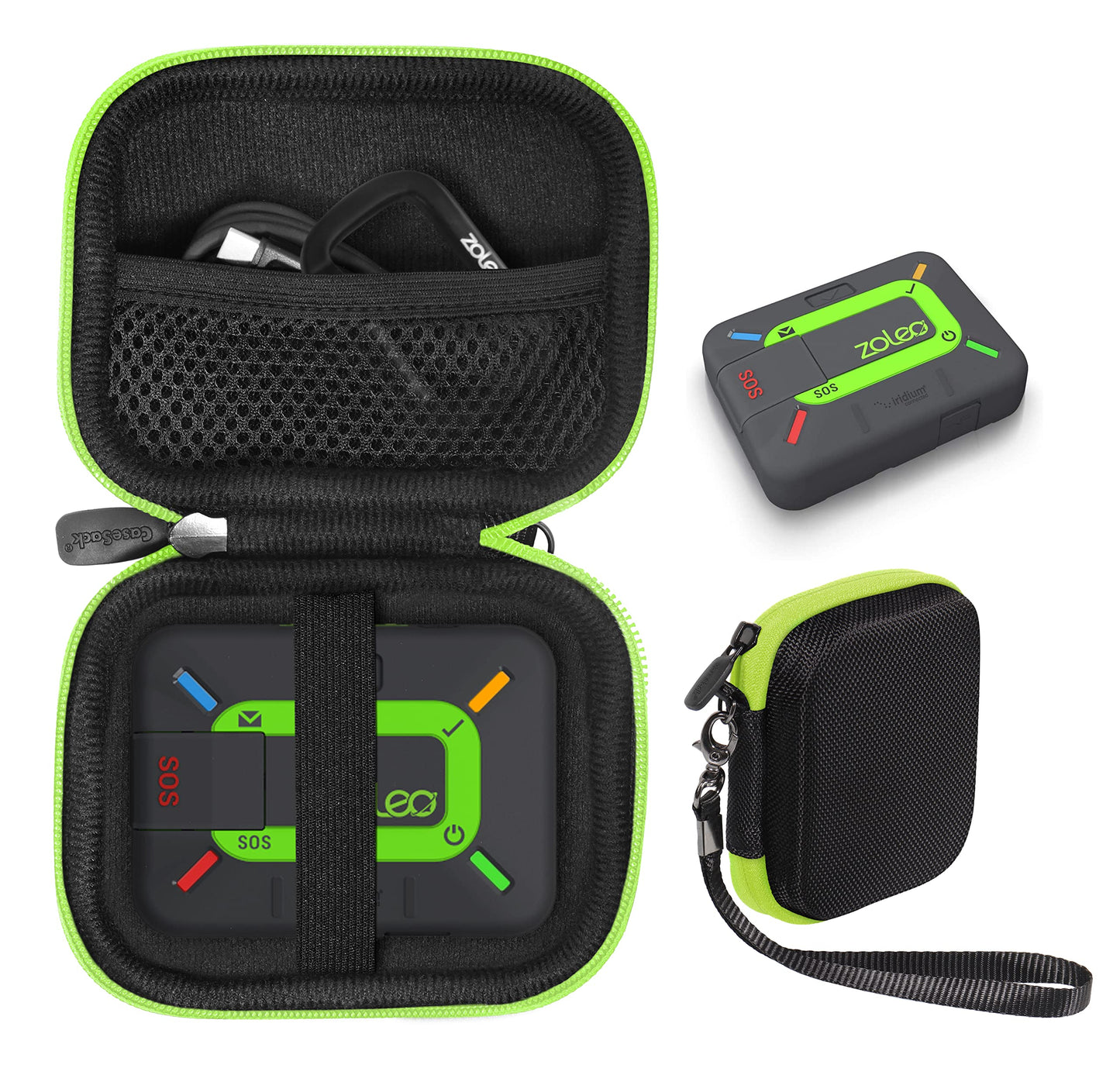CaseSack case for ZOLEO Satellite Communicator  Black with Green Zip to Match ZOLEO  mesh Accessory Pocket (Black with Green Zip)-New