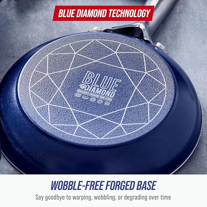 Blue Diamond 9.5” & 11" Nonstick Frying Pan Skillet Set, Diamond Infused PFAS-Free Ceramic, Dishwasher & Oven Safe, Stainless Steel Handle, Durable Non Toxic Metal Utensil Safe, Egg & Omelet Pans,Blue