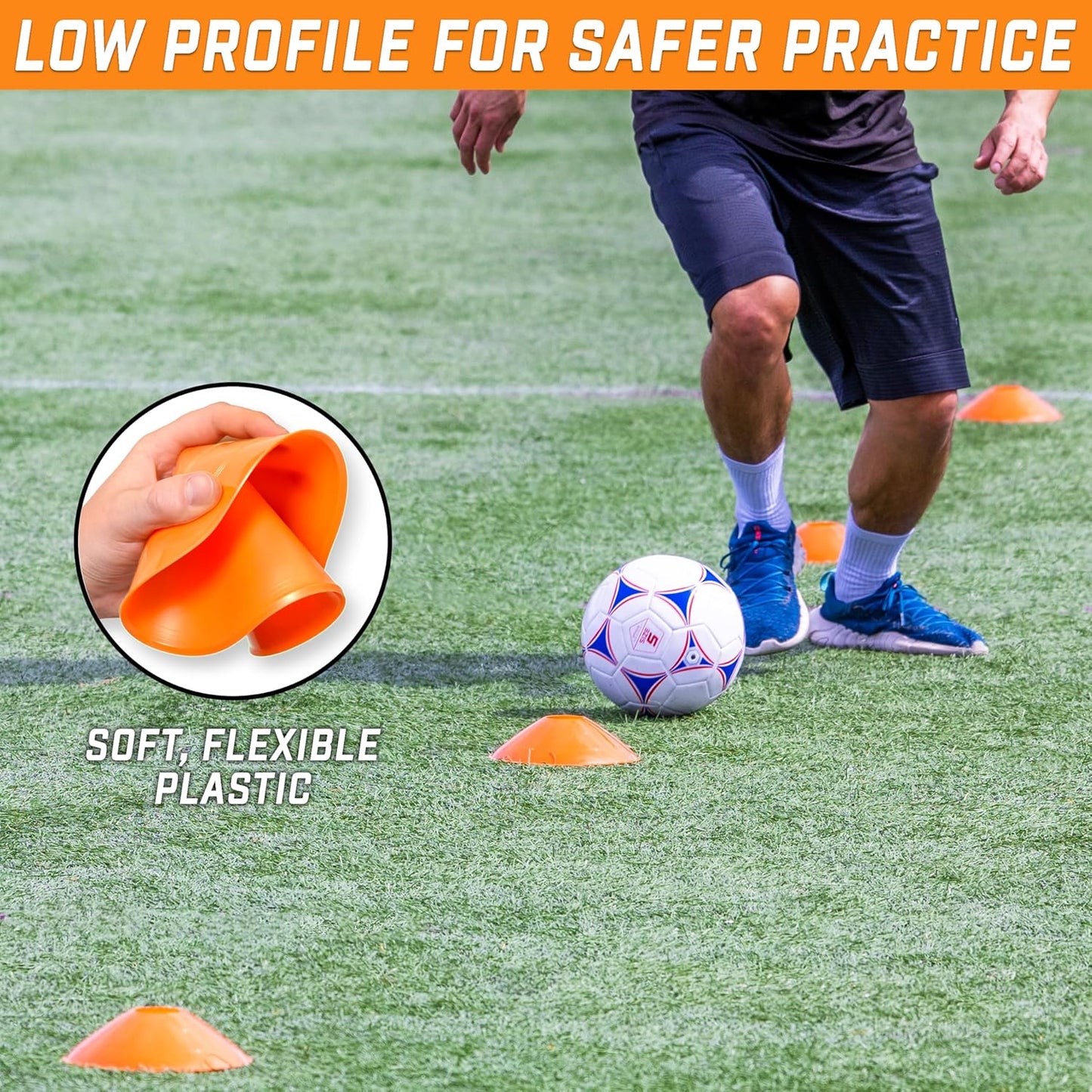 GoSports Premium Sports Cones for Agility Training and Drills - 20 Pack with Tote - Orange, Green, Pink, Yellow, or Red