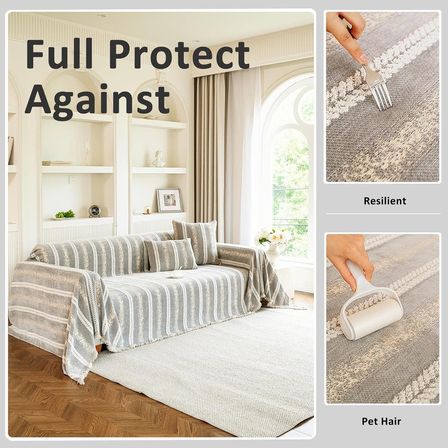 Couch Cover for Dogs Washable Sofa Cover, Sectional Couch Covers, Sofa Covers for 2 Cushion Couch, Non Slip Stripe Sofa Slipcovers Furniture Protector, Couch Protector from Cat Claws, Light,71''x134''