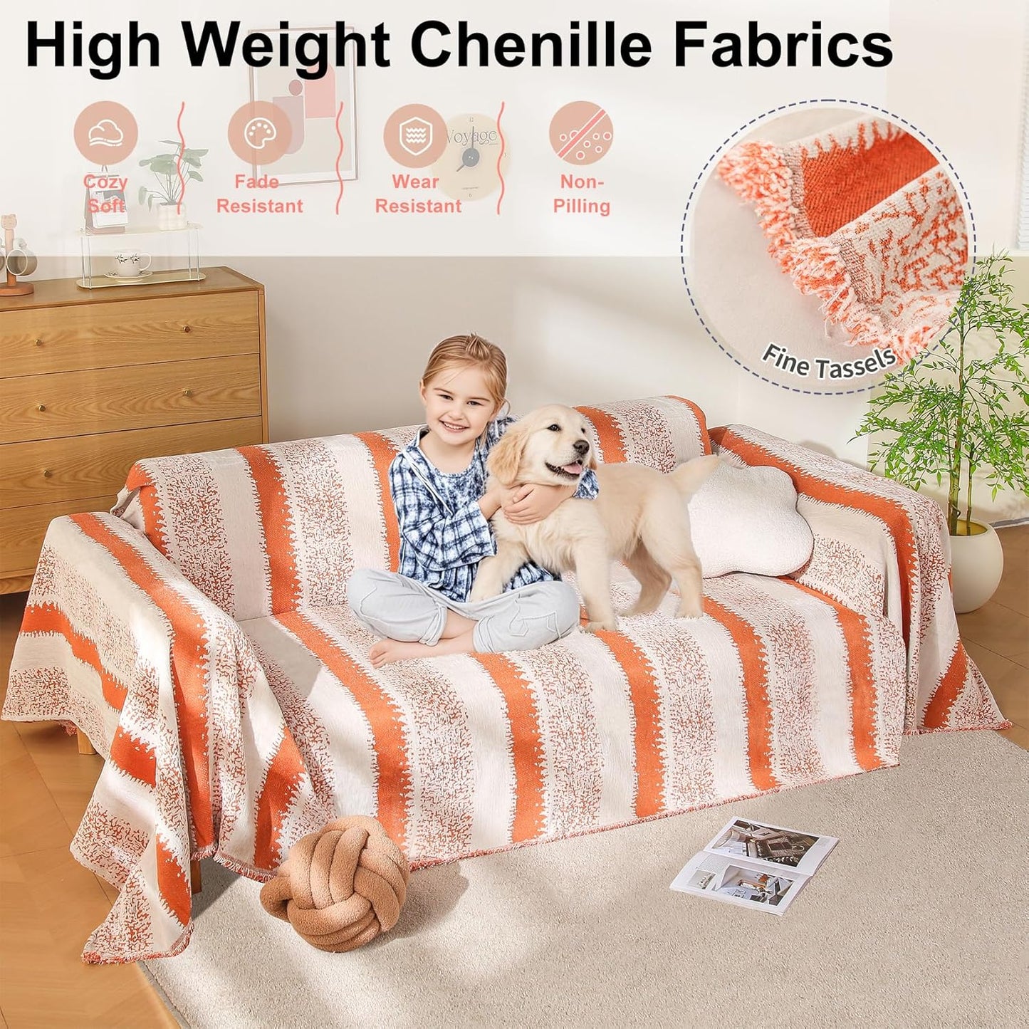 Boho Couch Cover, Sofa Cover, Sofa Covers for 2 Cushion Couch, Washable Sectional Couch Covers for Dogs Pet Furniture Protector Couch Cover Blanket for Living Room (1# Orange, 71" x 102")