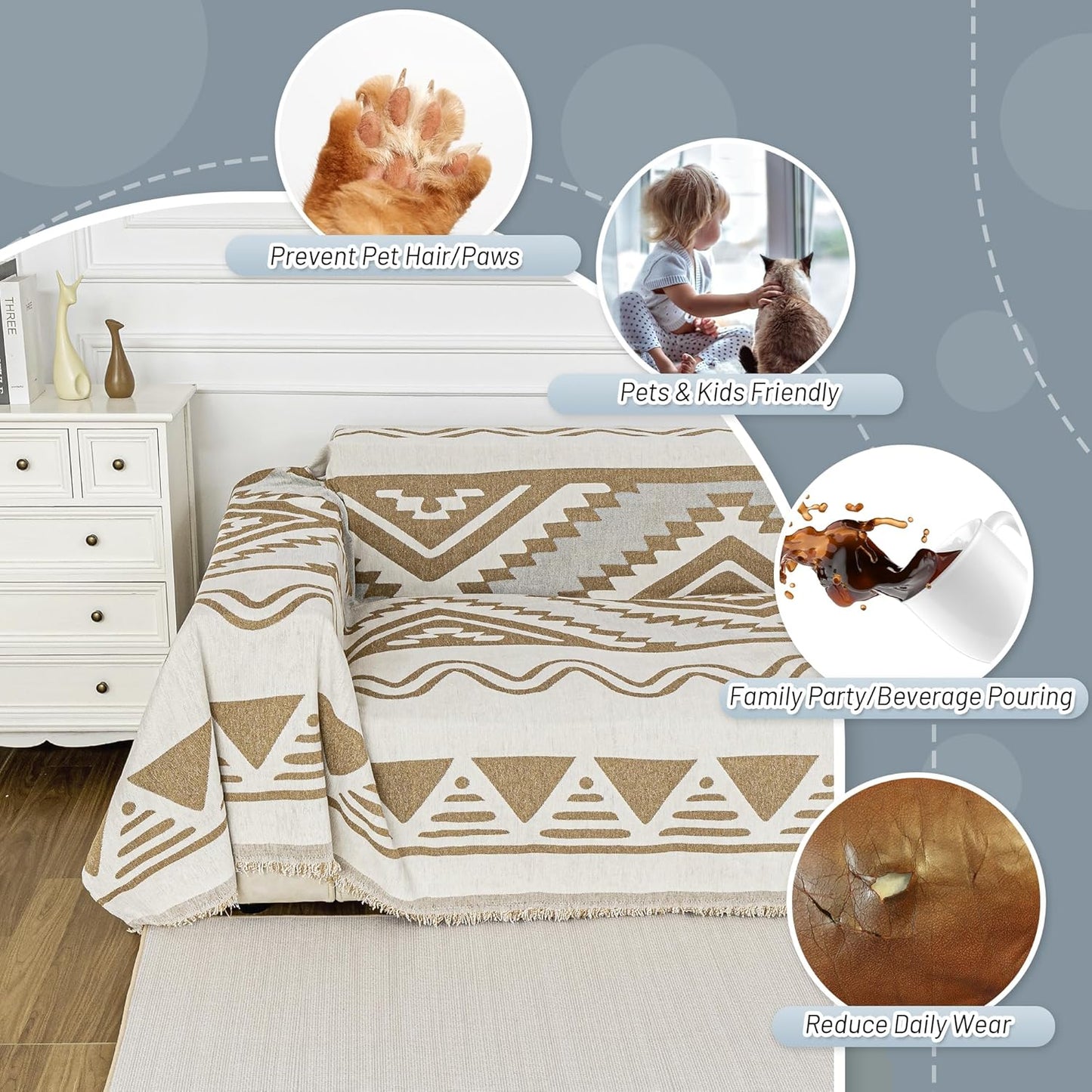 MYSKY HOME Boho Couch Cover for Dogs Washable Khaki Rhombic Couch Sofa Protector for Loveseat Sofa with Pets Friendly Chenille Geometric Sofa Covers Soft Durable Farmhouse Sofa Slipcovers, 71" X102"