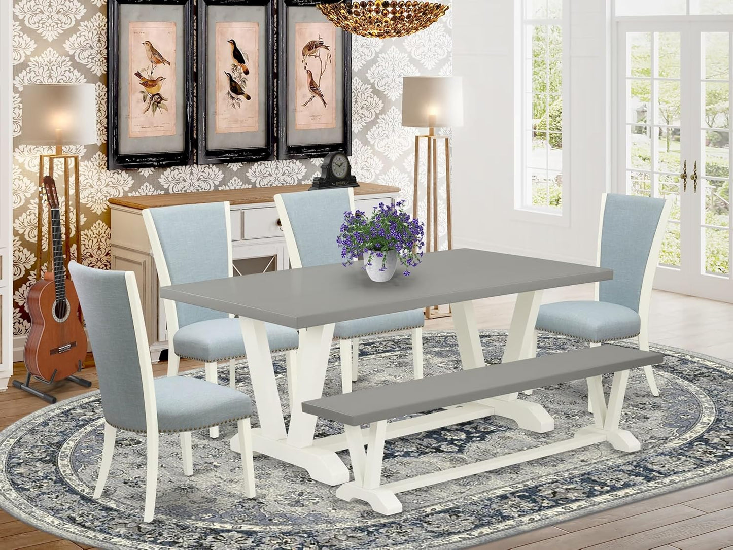 East West Furniture V097VE215-6 6 Piece Kitchen Table Set Contains a Rectangle Dining Table with V-Legs and 4 Baby Blue Linen Fabric Parson Chairs with a Bench, 40x72 Inch, Multi-Color