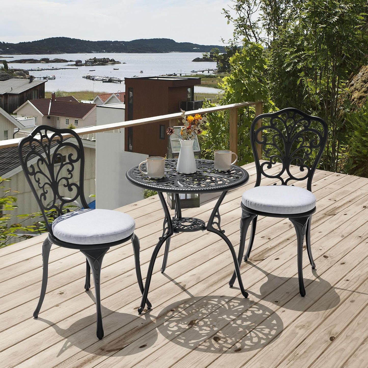 NUU GARDEN Bistro Set 3 Piece Outdoor All Weather Cast Aluminum Patio Bistro Set Patio Table and Chairs Set of 2 with Umbrella Hole and Gray Cushions for Backyard, Balcony, Lawn, Black