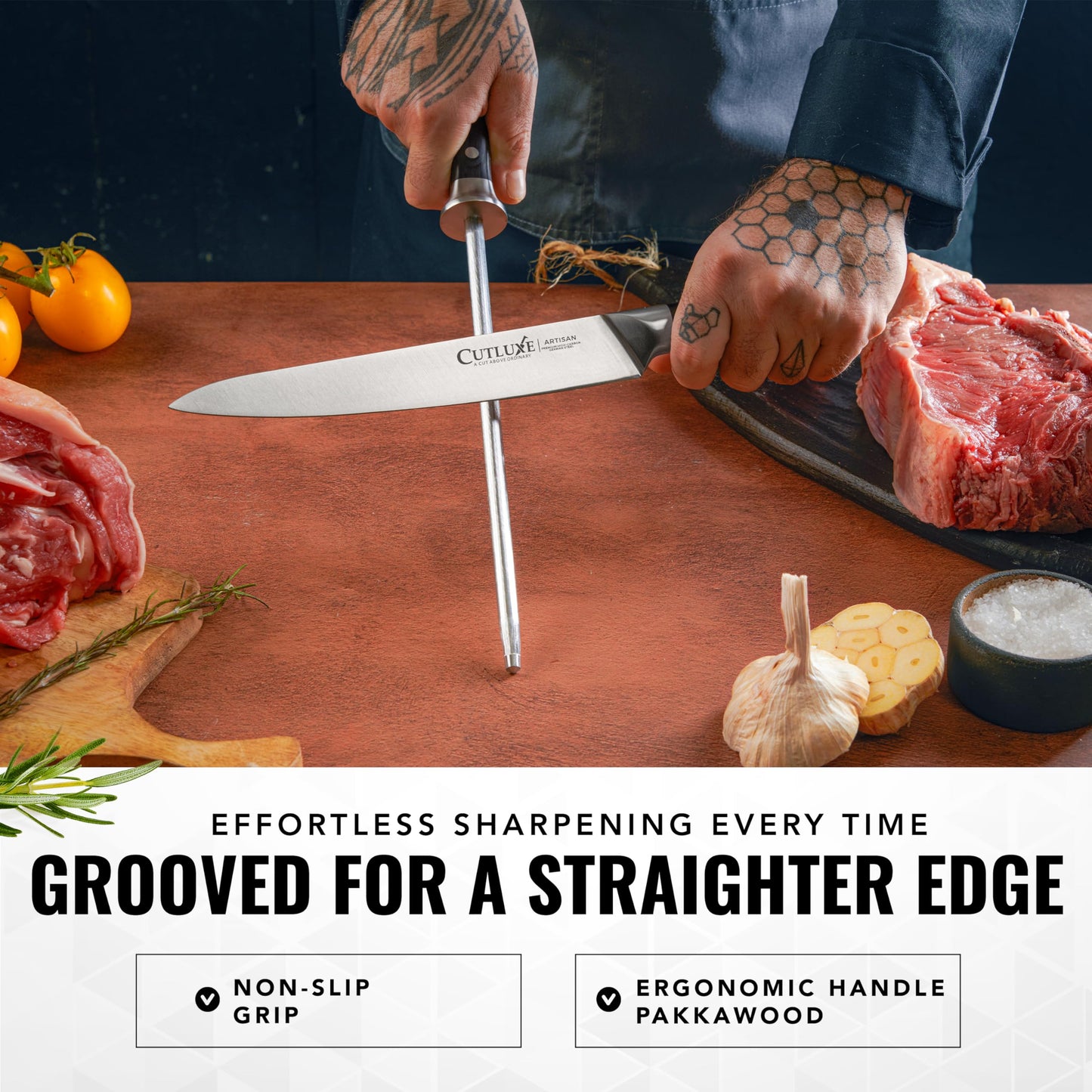 Cutluxe Honing Rod, Professional Knife Sharpener Rod – 10" Honing Steel – Ergonomic Handle Design, Grilling Gifts for Men – Artisan Series