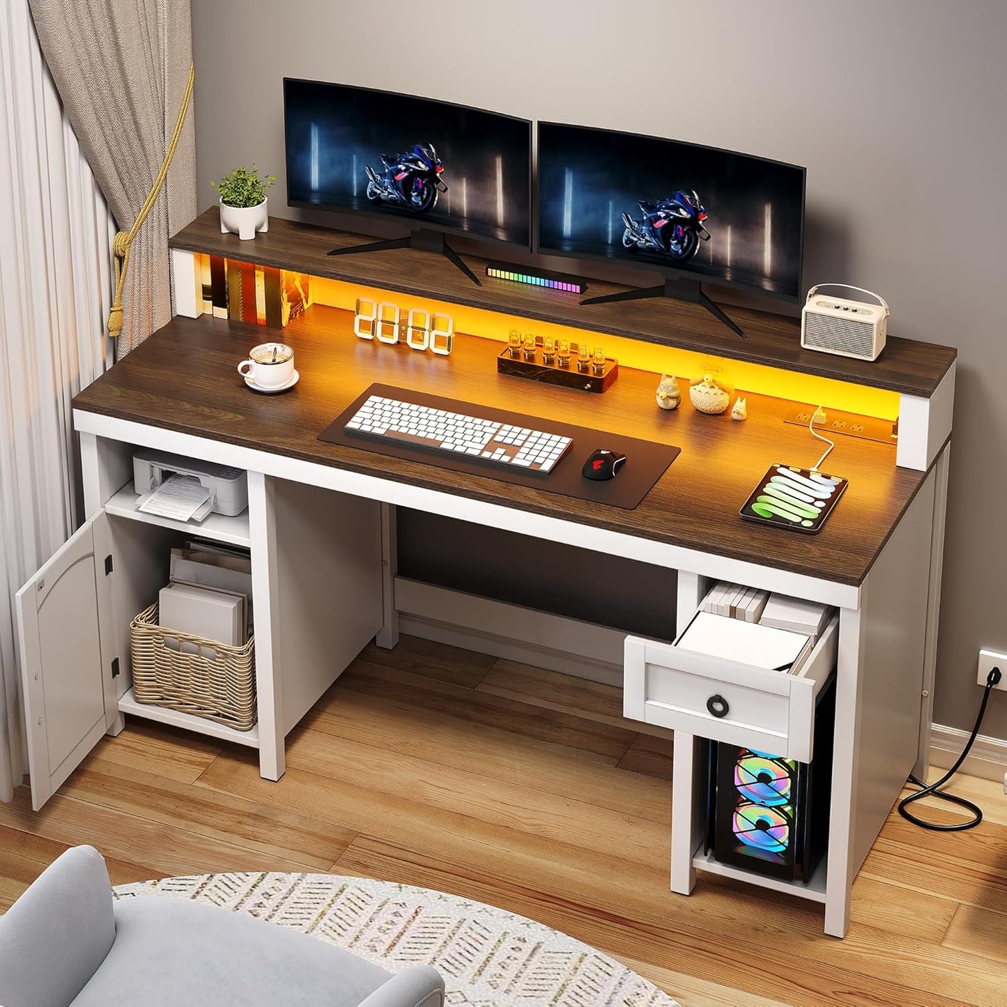 DWVO Farmhouse Office Desk with Drawer & Power Outlets, Wood Computer Desk w/LED Strip & Monitor Stand for Bedchamber Study, Home Office Table with Storage Cabinet for Working Writing Gaming (White)