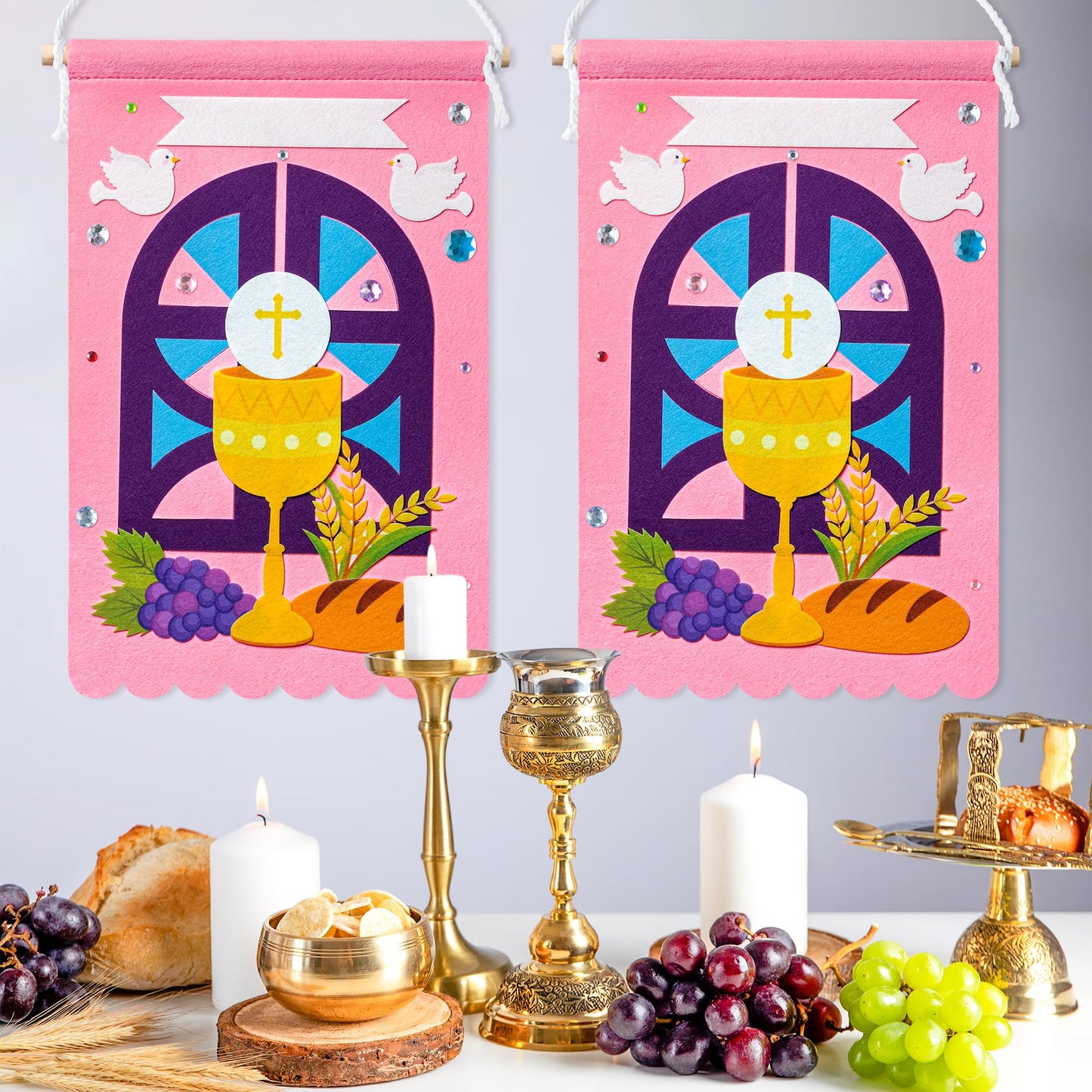 WATINC First Communion Banner Kit - 12 Set Holy 1st Communion Felt Banner Kit Baptism Christian Cross DIY Craft Decorations, Make Your Own Sunday School Church Hanging Crafts Supplies for Girls (Pink)