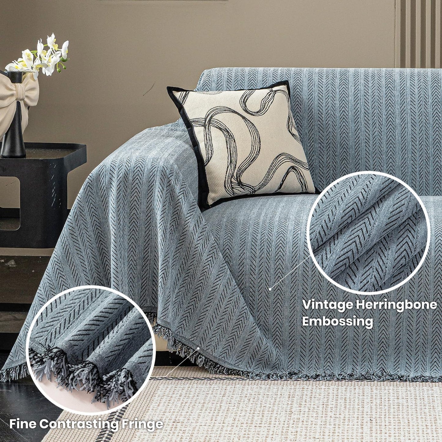 Nobildonna Sofa Cover Washable Soft Thicken Chenille Couch Cover with Tassel,Waterproof Sofa Slipcover for 3-4 Cushion Couch,Sectional Sofa,L-Shaped Furniture Protector Pet-Friendly,Dusty Blue71 x134