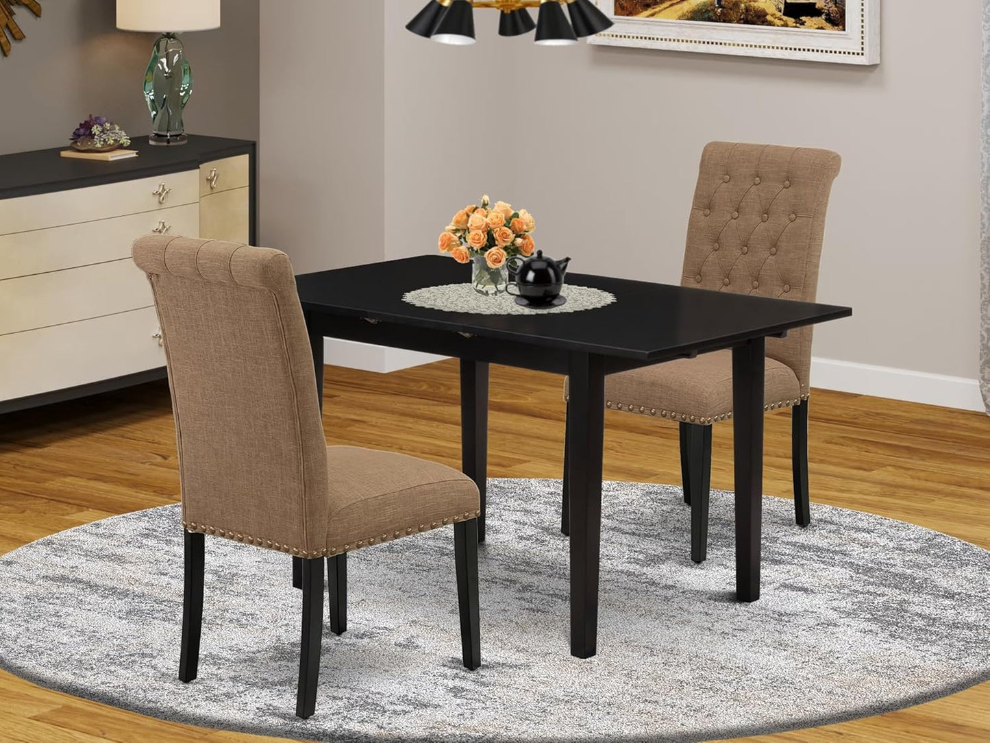 East West Furniture NOBR3-BLK-17 3 Piece Dining Room Table Set Contains a Rectangle Kitchen Table with Butterfly Leaf and 2 Light Sable Linen Fabric Parson Chairs, 32x54 Inch, Black
