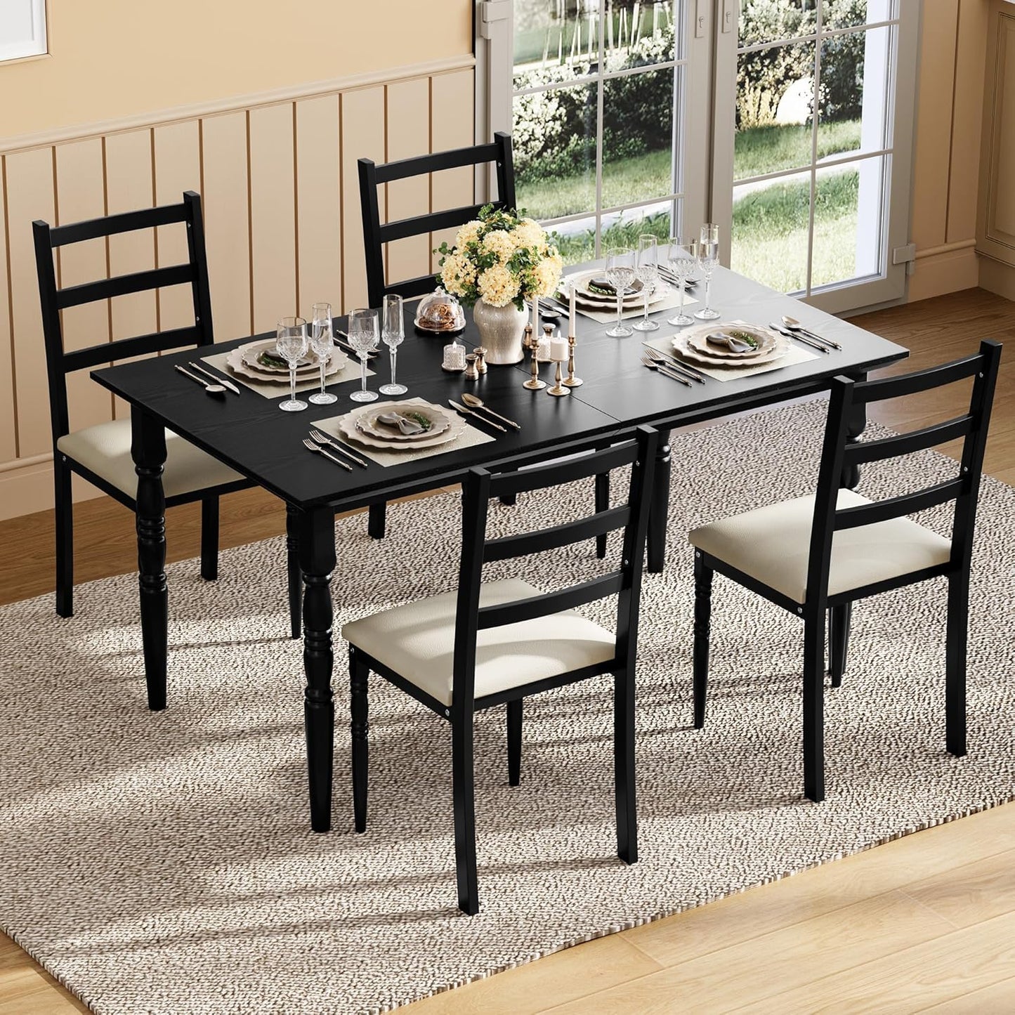 DWVO 5-Piece Dining Table Set for 4, Kitchen Dining Room Table with Upholstered Chairs, Faux Leather Cushions, Modern Rectangular Dinner Table Set for Small Spaces & Apartment, Black