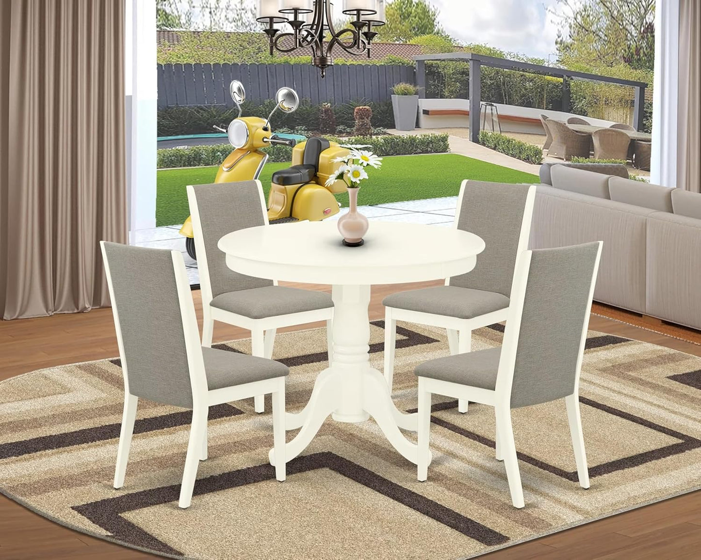 East West Furniture ANLA5-LWH-06 5 Piece Dining Room Furniture Set Includes a Round Kitchen Table with Pedestal and 4 Shitake Linen Fabric Parsons Dining Chairs, 36x36 Inch, Linen White