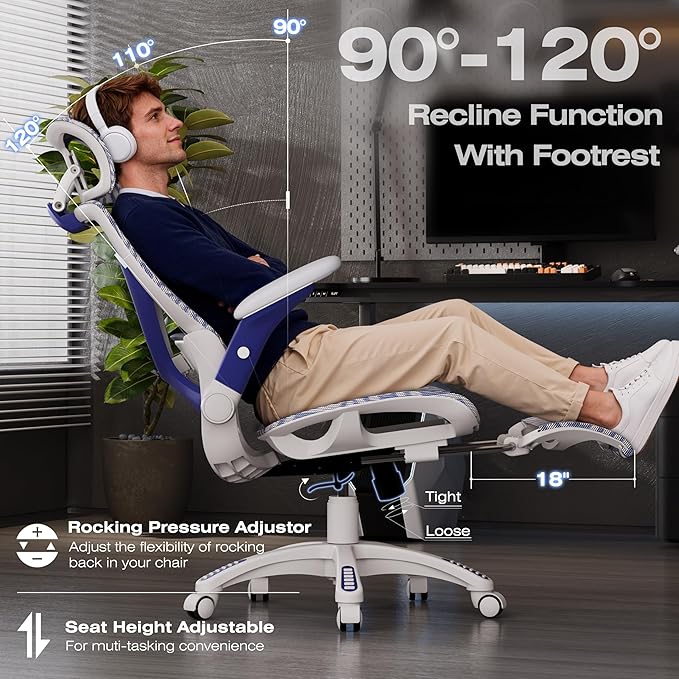ELABEST X100 Ergonomic Mesh Office Chair with Footrest, Big and Tall Hone Desk Chair with 5D Flip-Up Arms, Adjustable 3D Lumbar Support,Gaming & Executive Computer Chairs for Long Hours