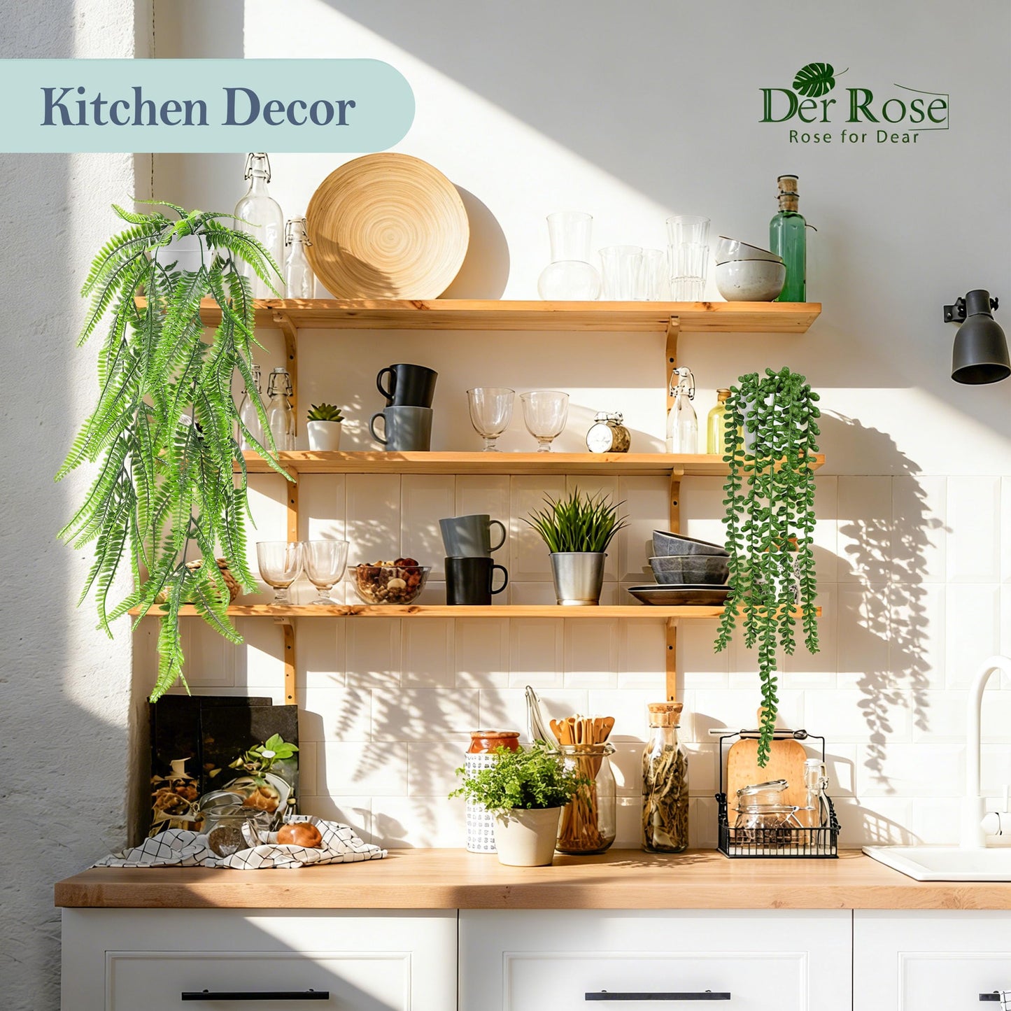 Der Rose 4Pcs Fake Plants Hanging Artificial Ivy Vine Faux Eucalyptus Hanging Plants, Boston Fern, String of Pearls for Living Room Bedroom Boho Wall Shelf Indoor Outdoor Decor (White Pots)