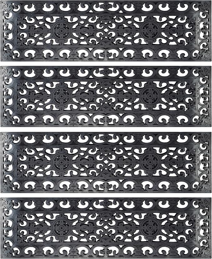 Set of 4 Rubber Stair Tread Mats 30 x 10 Inch Anti-Slip Outdoor Rug, Black – Lace Pattern