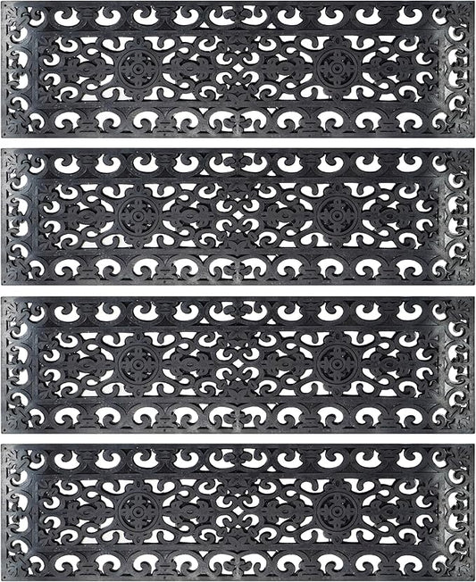 Set of 4 Rubber Stair Tread Mats 30 x 10 Inch Anti-Slip Outdoor Rug, Black – Lace Pattern