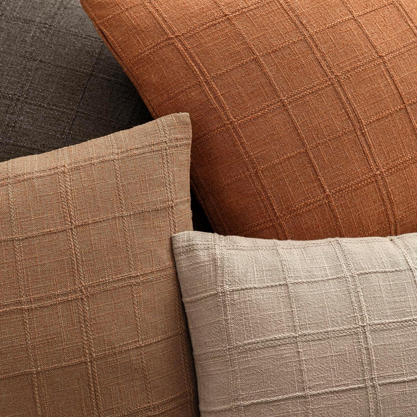 Foindtower Set of 2 Decorative Linen Check Throw Pillow Covers Neutral Farmhouse Vintage Cushion Covers Modern Boho Home Decor for Sofa Chair Couch Bedroom Living Room Outdoor,22×22 Inch,Orange