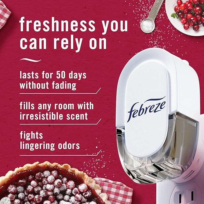 Febreze Plug In Air Freshener, Odor-Fighting Scented Oil Refill, For Home, Bathroom, & Kitchen, Long Lasting for Strong Odors, Limited Edition Holiday Cranberry Crumble Scent, 0.87oz Refills, 4 Count