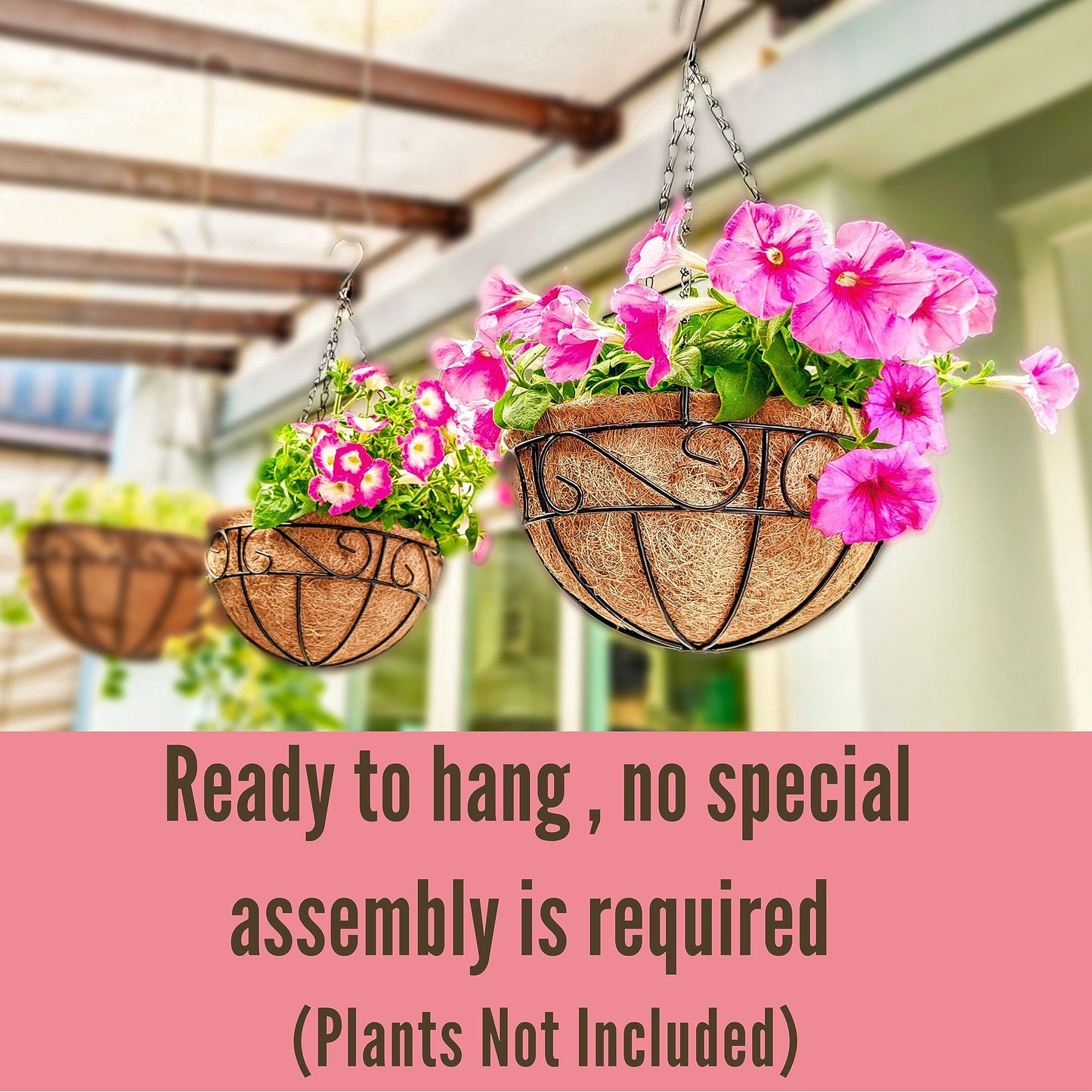LaLaGreen Hanging Planter for Outdoor Plants (14 Inch, 2 Pack) Black Hanging Baskets with Coco Liner, Metal Wire Flower Basket Pots with Hook Hanger Balcony Porch Farmhouse Country Style Garden Decor
