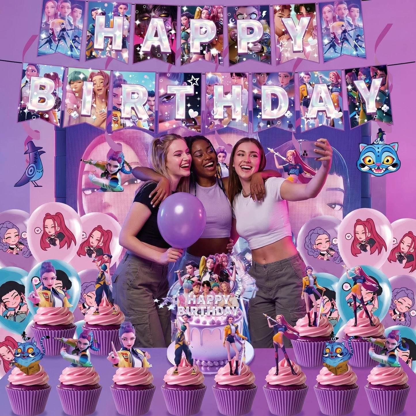 51 Pcs Cute Cartoon Birthday Decorations, Demon Anime Hunter Birthday Party Decorations, Includes 1 “Happy Birthday” Banner, 6 Spiral Garlands, 18 Latex Balloons, 1 Cake Topper, and 24 Cupcake Toppers