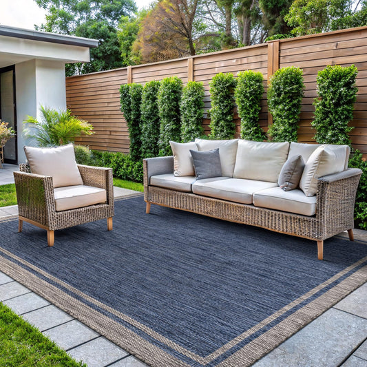 CAMILSON Outdoor Rug, 5x7 Bordered Navy Blue Gray Modern Area Rugs for Indoor and Outdoor Patios, Porches Waterproof Washable Porch Deck Outside Carpet (Bordered Navy, 5 x 7)