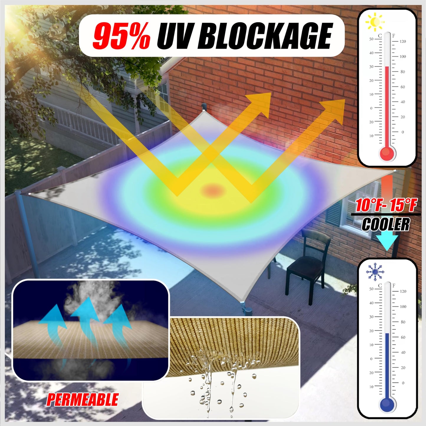 ColourTree 16' x 16' x 16' Beige Triangle CTAPT16 Sun Shade Sail Canopy Mesh Fabric UV Block UPF50 - Commercial Heavy Duty & 190 GSM - 3 Years Warranty (We Make Custom Size)