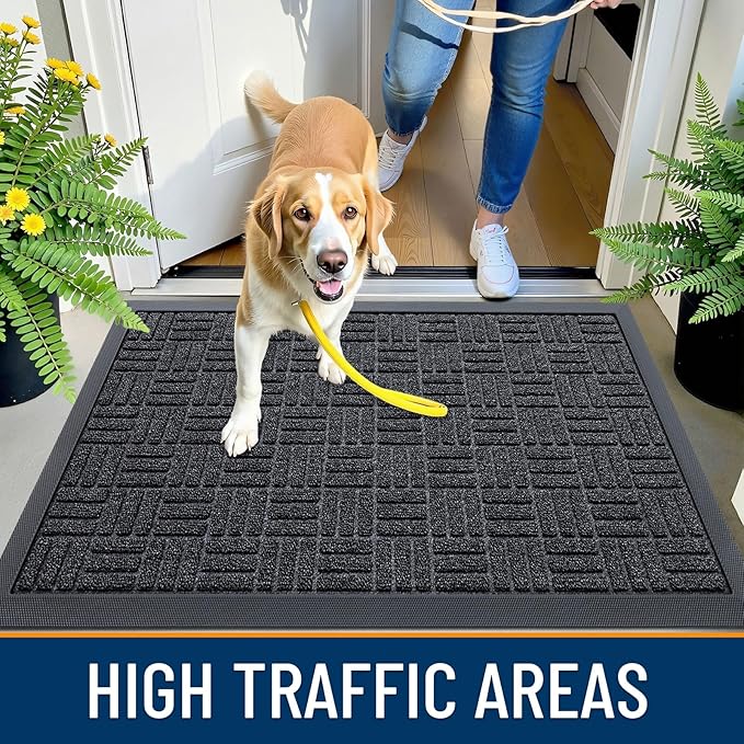 OLANLY Front Door Mat Outside Entrance 47x23, Absorbent, Heavy Duty Sturdy Natural Rubber Doormat Indoor Outdoor, Non-Slip, Stain and Fade Resistant, Low Profile Floor Mat for Entryway, Black Gray