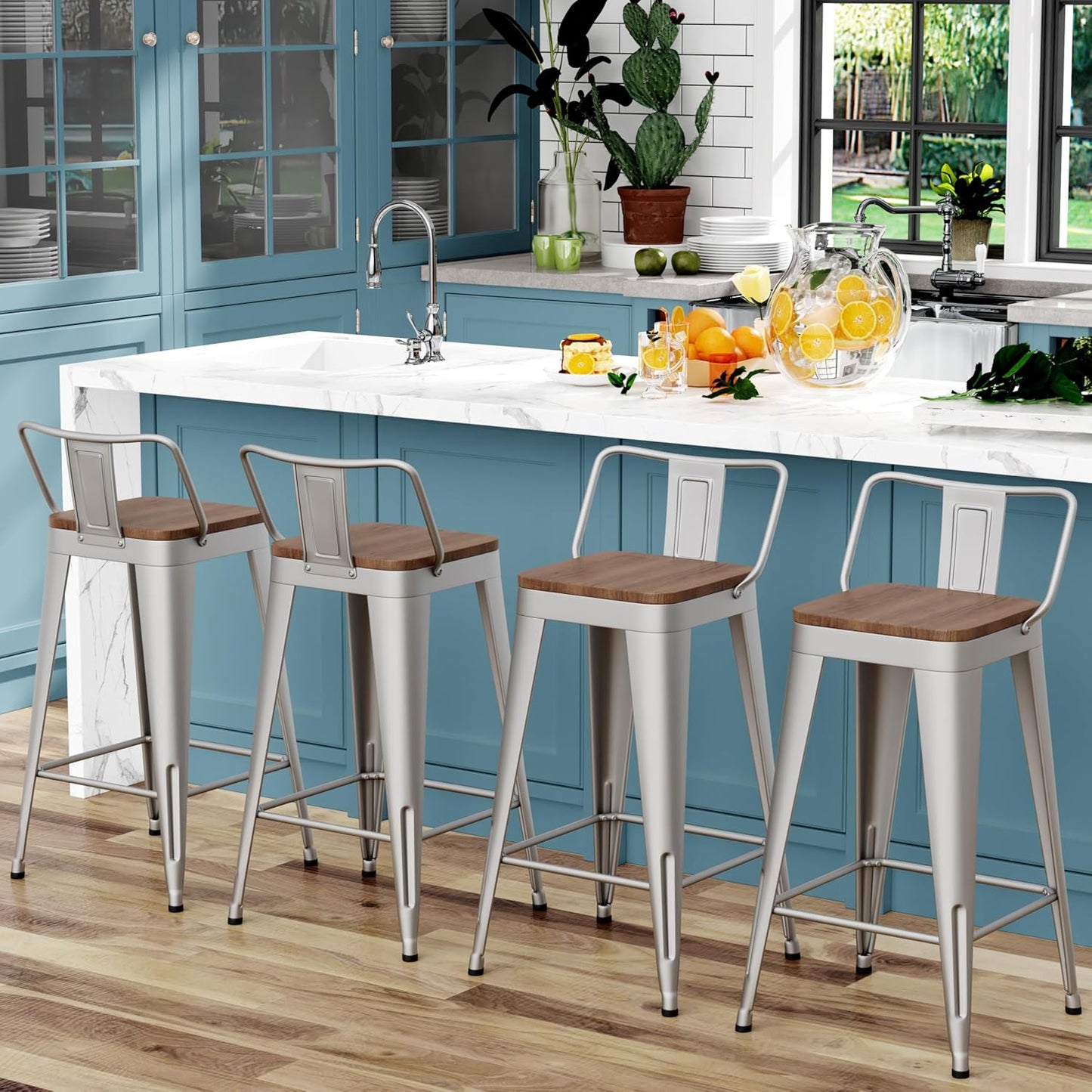 WENTMENT Bar Stools Set of 4 Counter Height Stools with Removable Back 24" Kitchen Bar Stools with Wooden Seat, Silver
