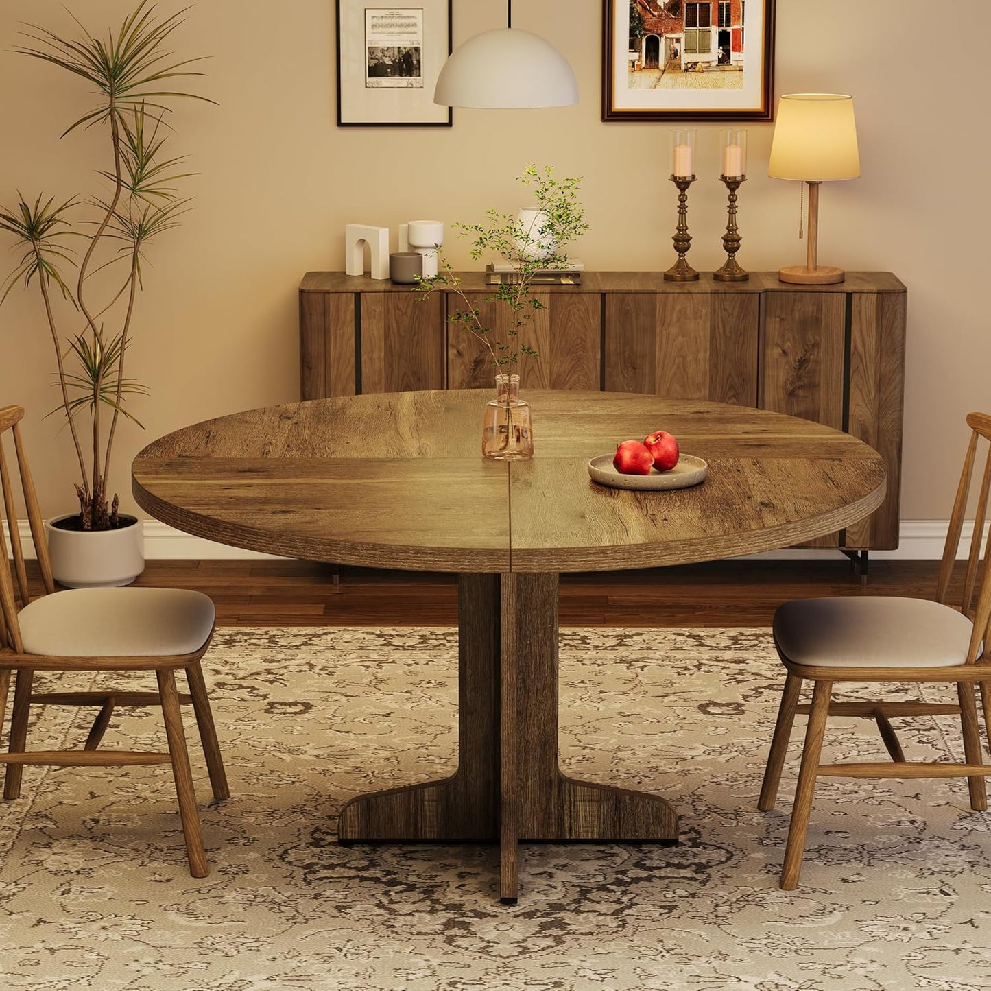 Garvee 47 Inch Round Dining Table for 4, Farmhouse Kitchen Dining Room Circle Dinner Table, Kitchen Dining Room Furniture, Brown (Table Only)