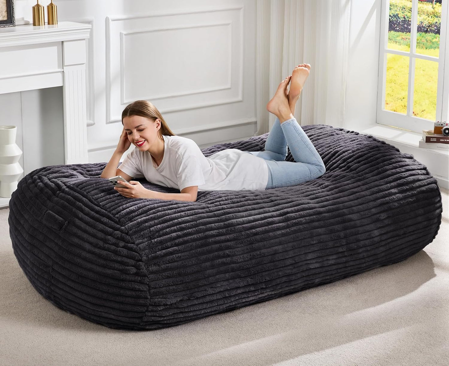 Hobestluk 6FT Bean Bag Chairs Adult Bean Bag with Portable Handle Comfy Large Bean Bag Lounge Chair with Removable Cover for Living Room Bedroom (Stripe Dark Grey, 6FT)