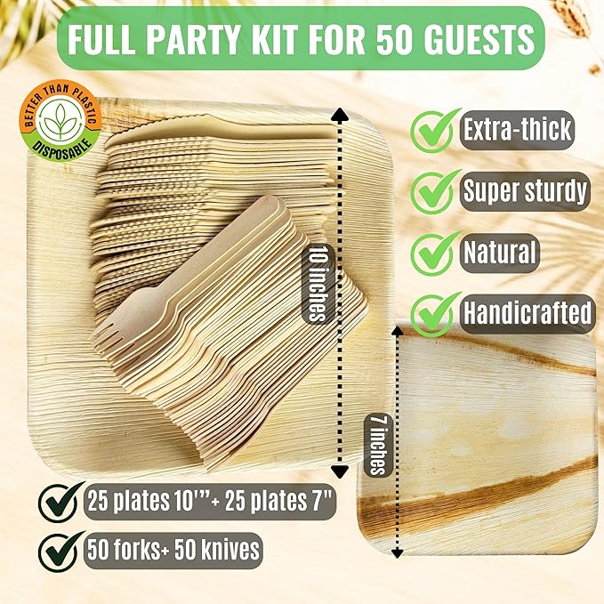Palm Leaf Plates 10 Inch & 7 Inch – 50 Pack Palm Plates with 50 Wooden Forks & 50 Knives – Bamboo Plates Disposable and Bamboo Dinner Plates for Parties, Holidays, Christmas & New Year