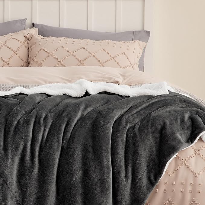 Bedsure GentleSoft Sherpa Fleece Blankets King Size for Bed - Thick and Warm Throw for Women and Men, Soft Fuzzy Plush King Blanket for Winter, Non-Heated, Charcoal, 108x90 Inches