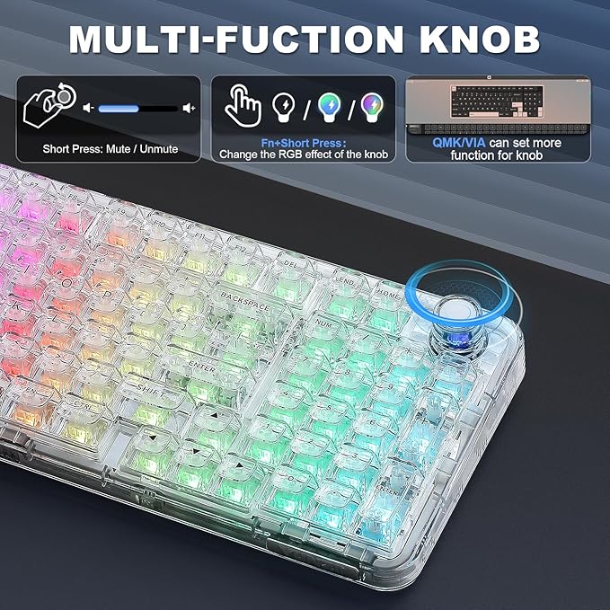 YUNZII X98 QMK/VIA Wireless Mechanical Gaming Keyboard with Knob,Tri-Mode BT5.0/USB-C/2.4GHz Hot Swappable Keyboard,Pre-lubed Switches Gasket Mount RGB Backlit for Wins/Mac (White, Crystal Switch)