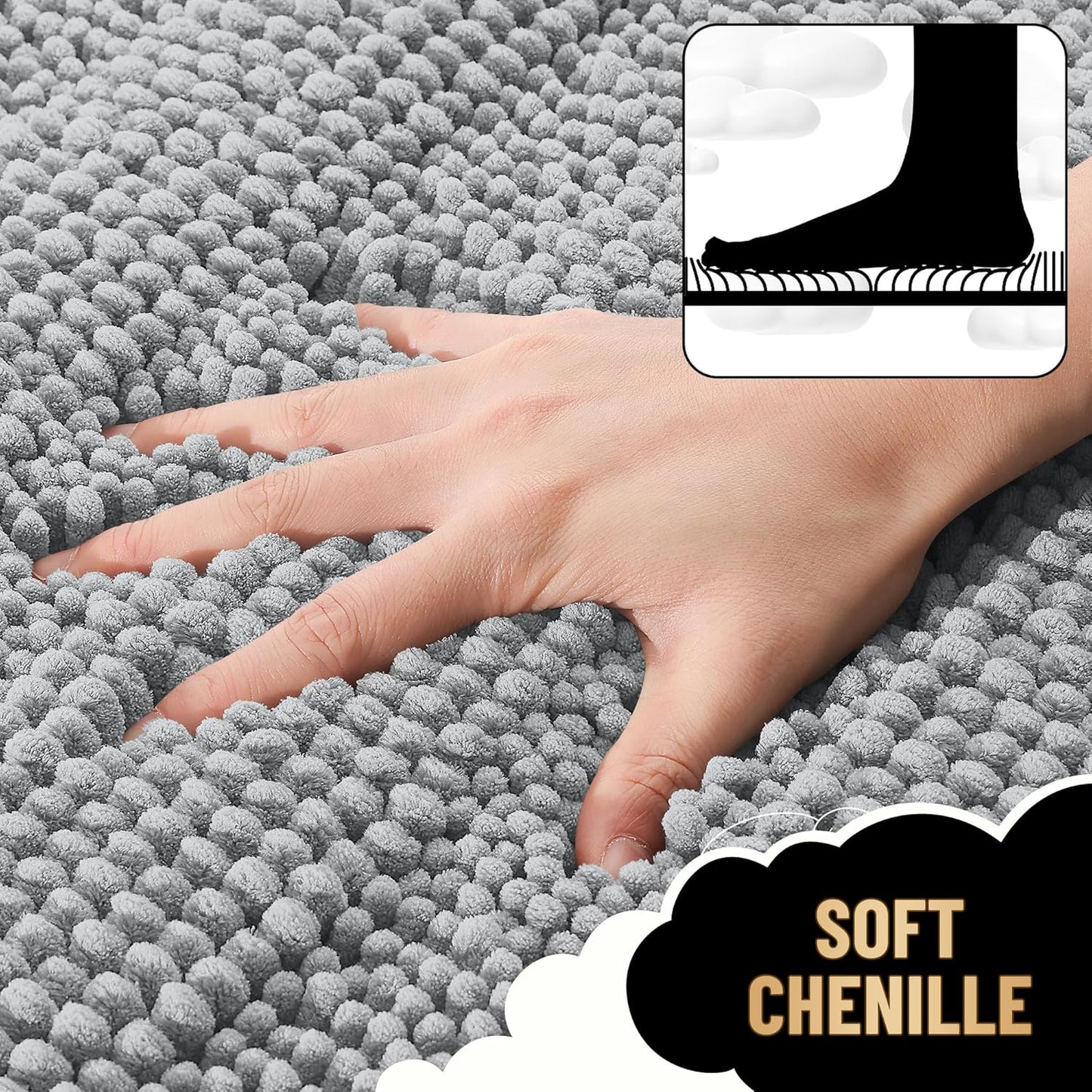 OLANLY Thick Bathroom Rugs 44x24, Extra Soft Absorbent Chenille Striped Bath Rugs, Rubber Backing, Machine Wash Dry, Bath Mats for Bathroom Floor, Tub and Shower, Home Decor Accessories, Light Grey