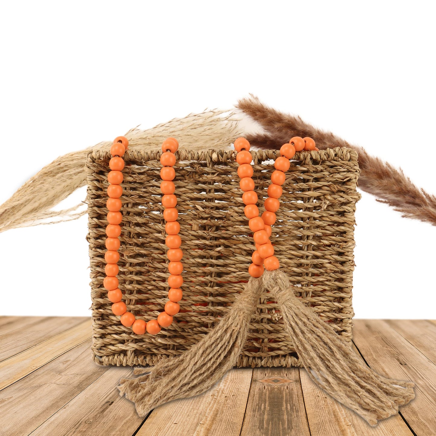 CVHOMEDECO. 16 Feet Wood Beads Garland with Tassels Farmhouse Rustic Wooden Decorative Bead String Wall Hanging Accent for Home Festival Decor. Orange