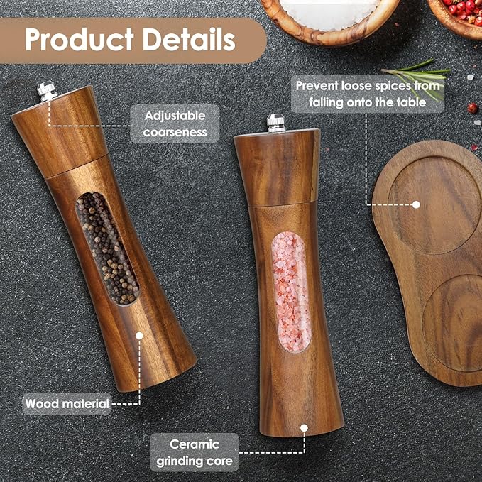Wooden Salt and Pepper Grinder Set, 8 inch Manual Salt and Pepper Mill with Brush and Spoon, Adjustable Coarseness, Refillable Pepper Grinder for Kitchen, Transparent