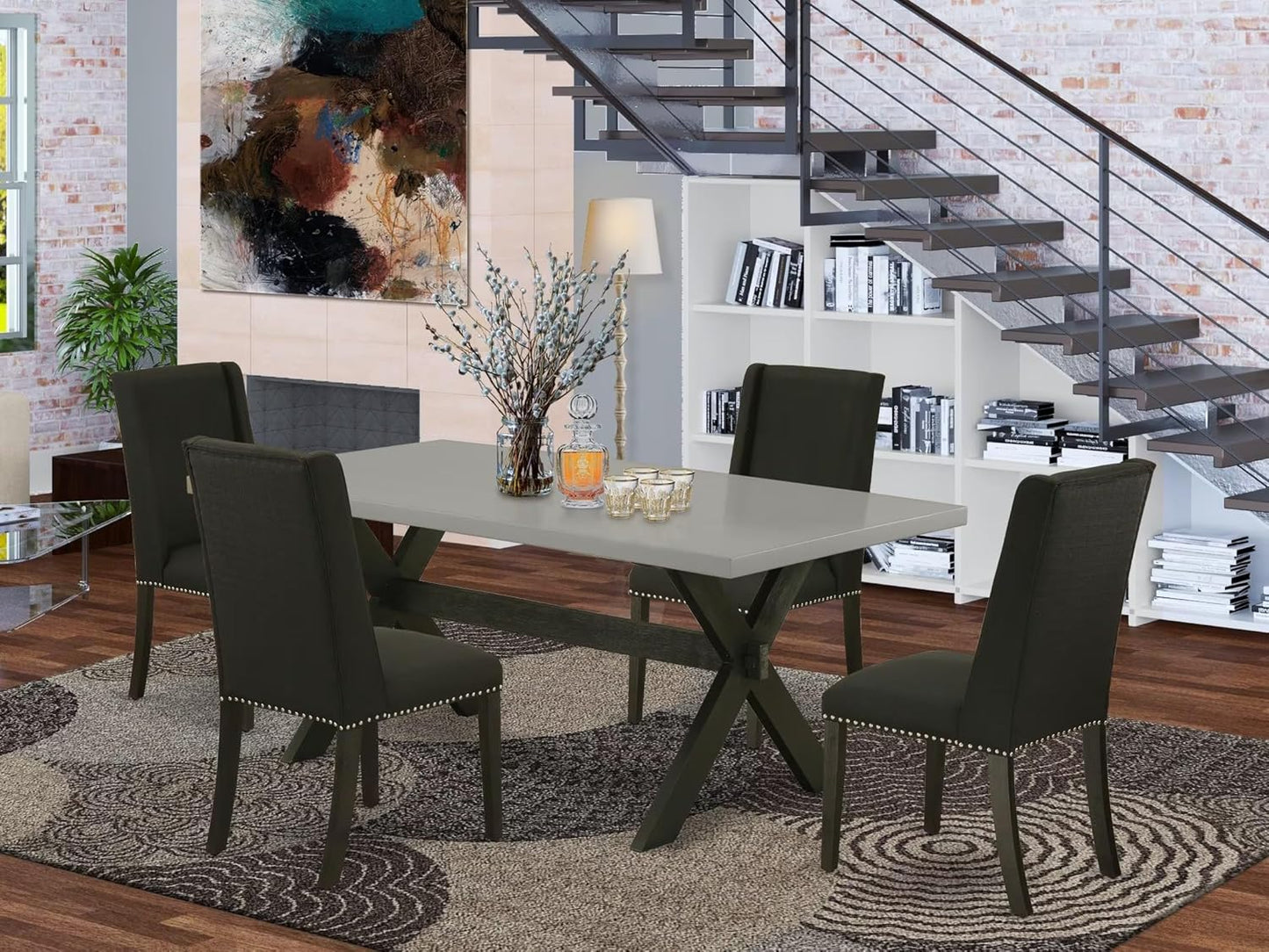 East West Furniture X697FL624-5 5 Piece Kitchen Table & Chairs Set Includes a Rectangle Dining Table with X-Legs and 4 Black Linen Fabric Parson Dining Chairs, 40x72 Inch, Multi-Color
