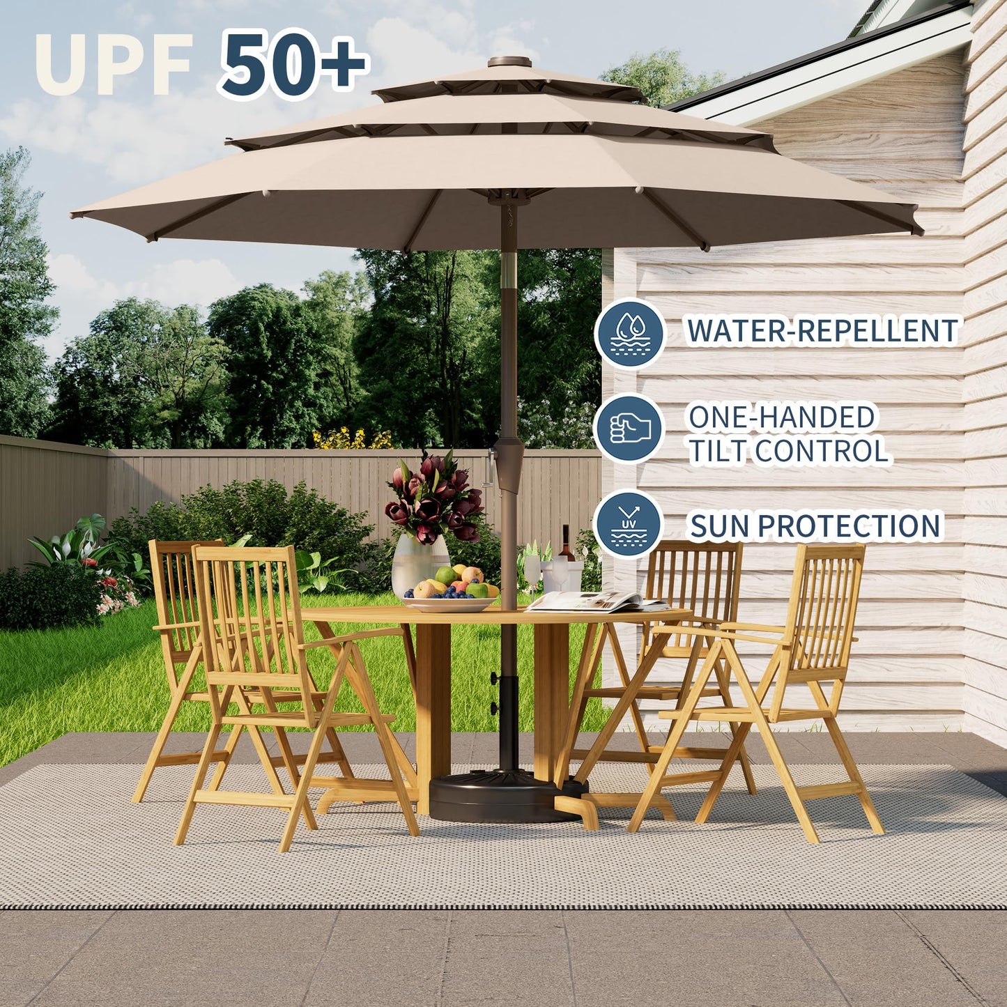 Tobeos 9FT 3 Tiers Patio Umbrella With Auto Tilt And Crank, Outdoor Table Market Umbrella with 8 Sturdy Ribs for Garden, Lawn, Deck, Backyard and Pool (Beige)