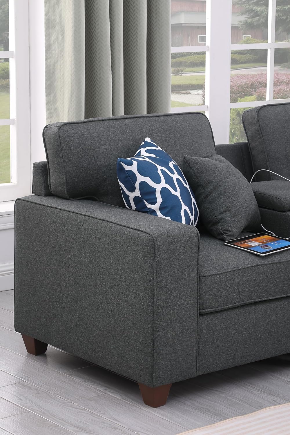 127" L-Shaped Sectional Couch with Movable Ottoman & 6 Throw Pillows,7 Seat Chenille Upholstered Sofa W/2 Cup Holders,USB Port & Hidden Storage Box,DIY Combination,for Living Room,Apartment,Gray