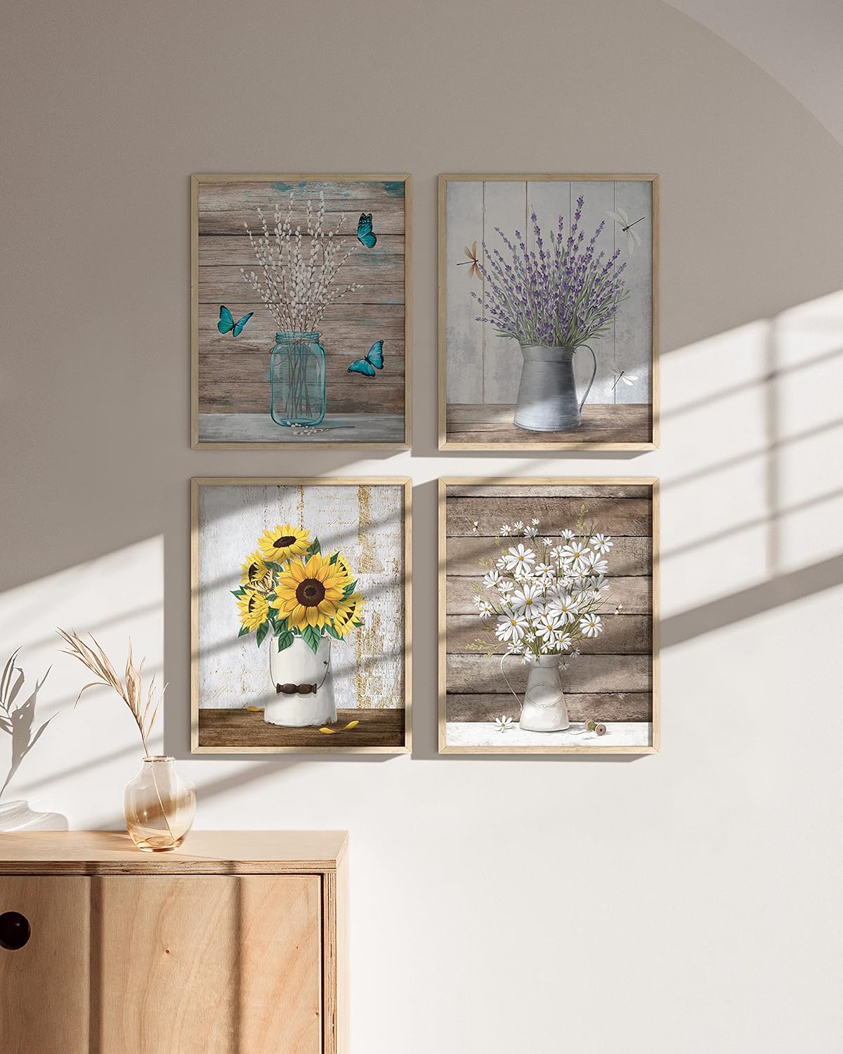 HAUS AND HUES Flower Wall Decor - Set of 4 Floral Wall Art, Framed Flower Painting, Floral Pictures for Kitchen, Bedroom, Living Room (16x20, Beige Frame)