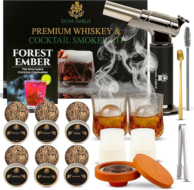 Silva Imbue Whiskey Smoker Kit with Torch – 6 Wood Chips, Oak Lid, Glasses, Ice Molds, Bar Tools & Recipe Book – Whiskey & Bourbon Cocktail Smoker Set