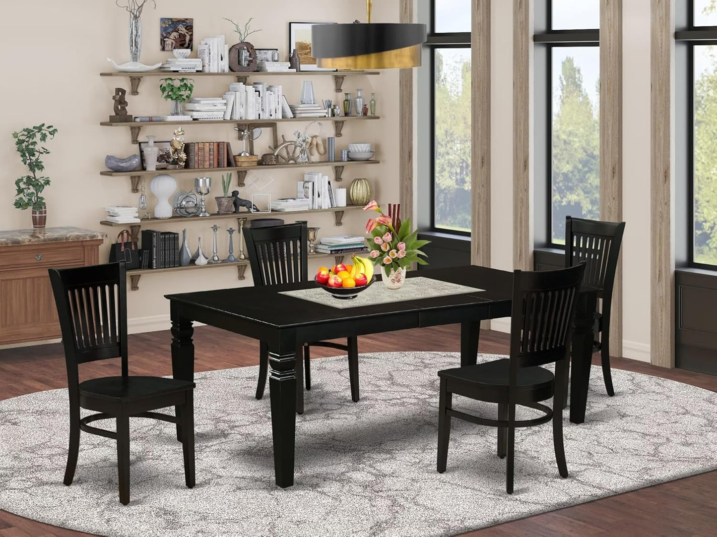 East West Furniture LGVA5-BLK-W 5 Piece Kitchen Table & Chairs Set Includes a Rectangle Dining Room Table with Butterfly Leaf and 4 Solid Wood Seat Chairs, 42x84 Inch, Black