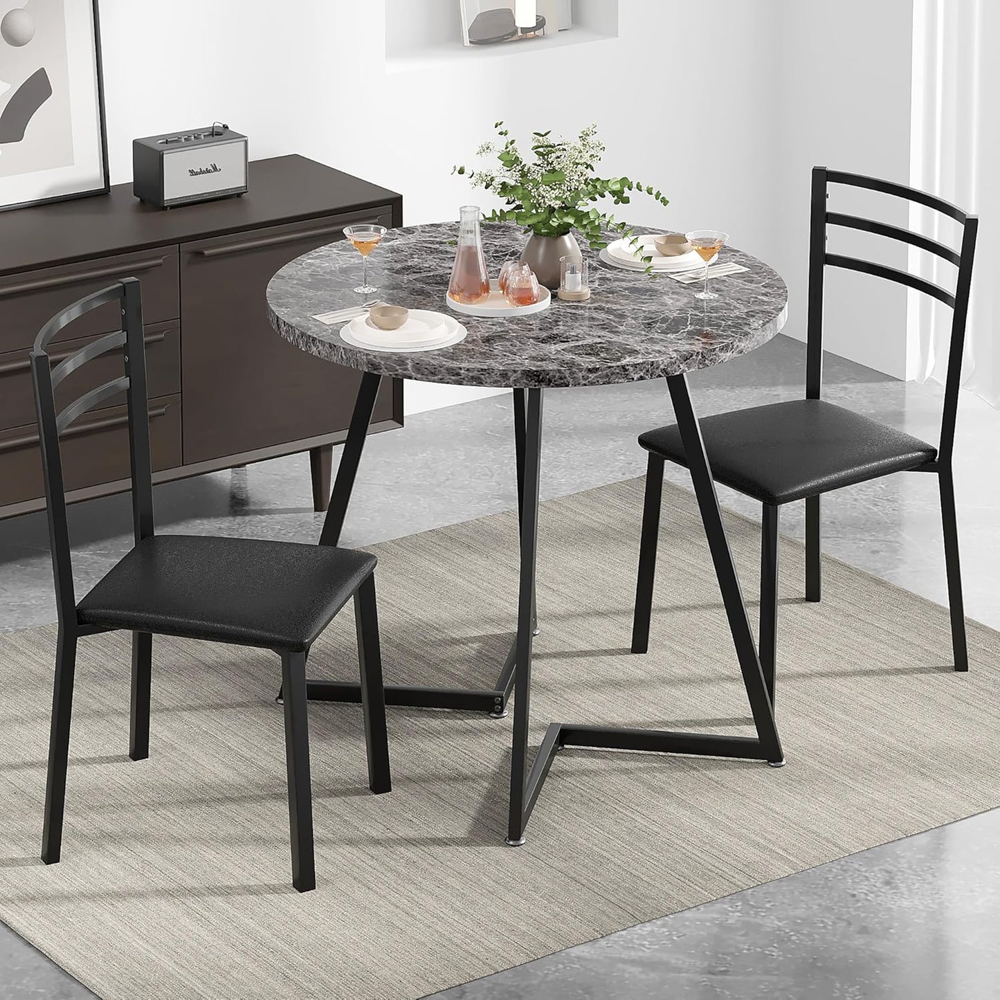 VECELO Small Round Dining Table Set for 2, Wood Tabletop with Strong Metal Frame, Modern Dinette with Chairs for Kitchen, Breakfast Nook Living Room, Faux Marbled & Grey