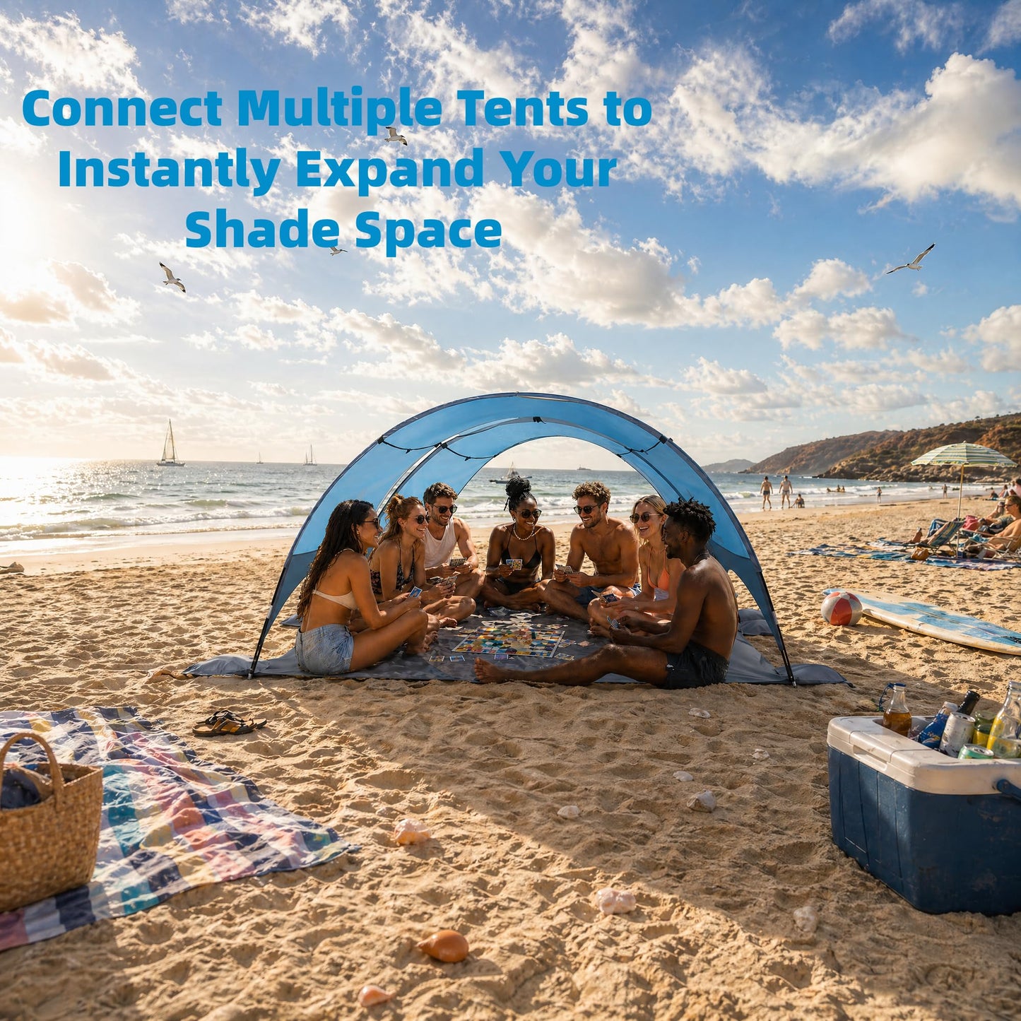 Flycoop 2026 Upgraded Beach Umbrella Canopy with UPF 50+ UV Protection – Portable Beach Tent for Sun, 360° Ventilation, 4 Sandbags, Dual Pockets, Stakes & Ropes, 90.5*59*53 inch for 3 People