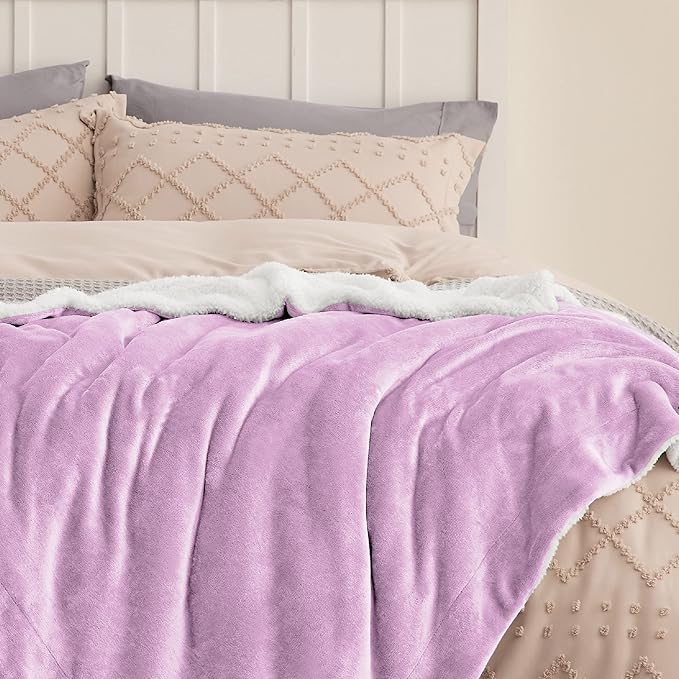 Bedsure GentleSoft Sherpa Fleece Blankets Queen Size for Bed - Thick and Warm Throw for Girls and Women, Soft Fuzzy Plush Queen Blanket for Winter, Non-Heated, Lilac, 90x90 Inches