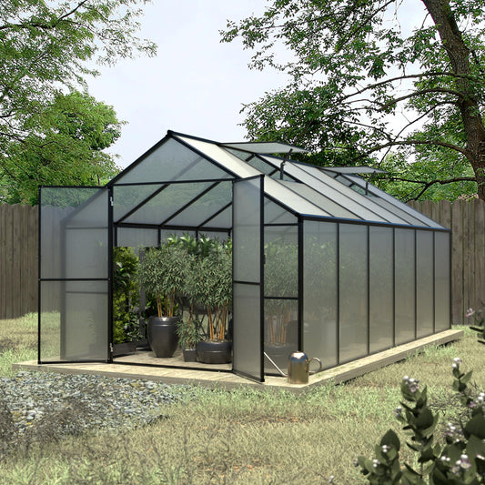 VEIKOU 8x12 FT Polycarbonate Greenhouse for Outdoors, Outdoor Greenhouse Kit with 2 Adjustable Vents, Riveted Structure, Aluminum Frame, Walk-in Green House for Backyard, Garden, Gray