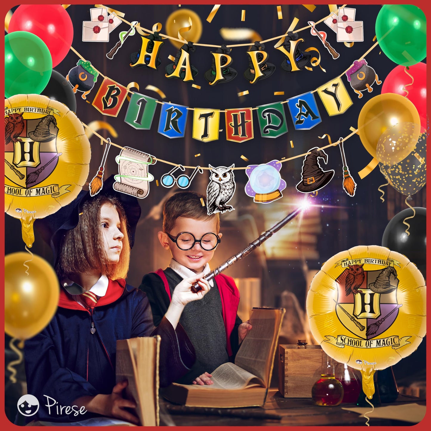 Pirese Wizard Birthday Decorations, Magical Happy Birthday Banner with Balloons, Pre-Strung Party Supplies, Gold Confetti Balloons & Unique Pirese Foil Balloon, Magical Decor for Kids & Adults