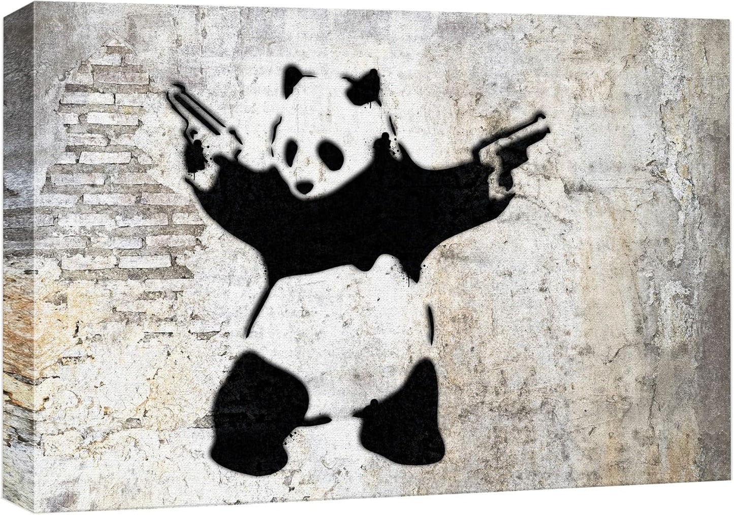 wall26 Canvas Print Wall Art Banksy Panda with Handguns on Wall Cities Animals Digital Art Modern Art Chic Scenic Expressive Dark Black and White for Living Room, Bedroom, Office - 24"x36"